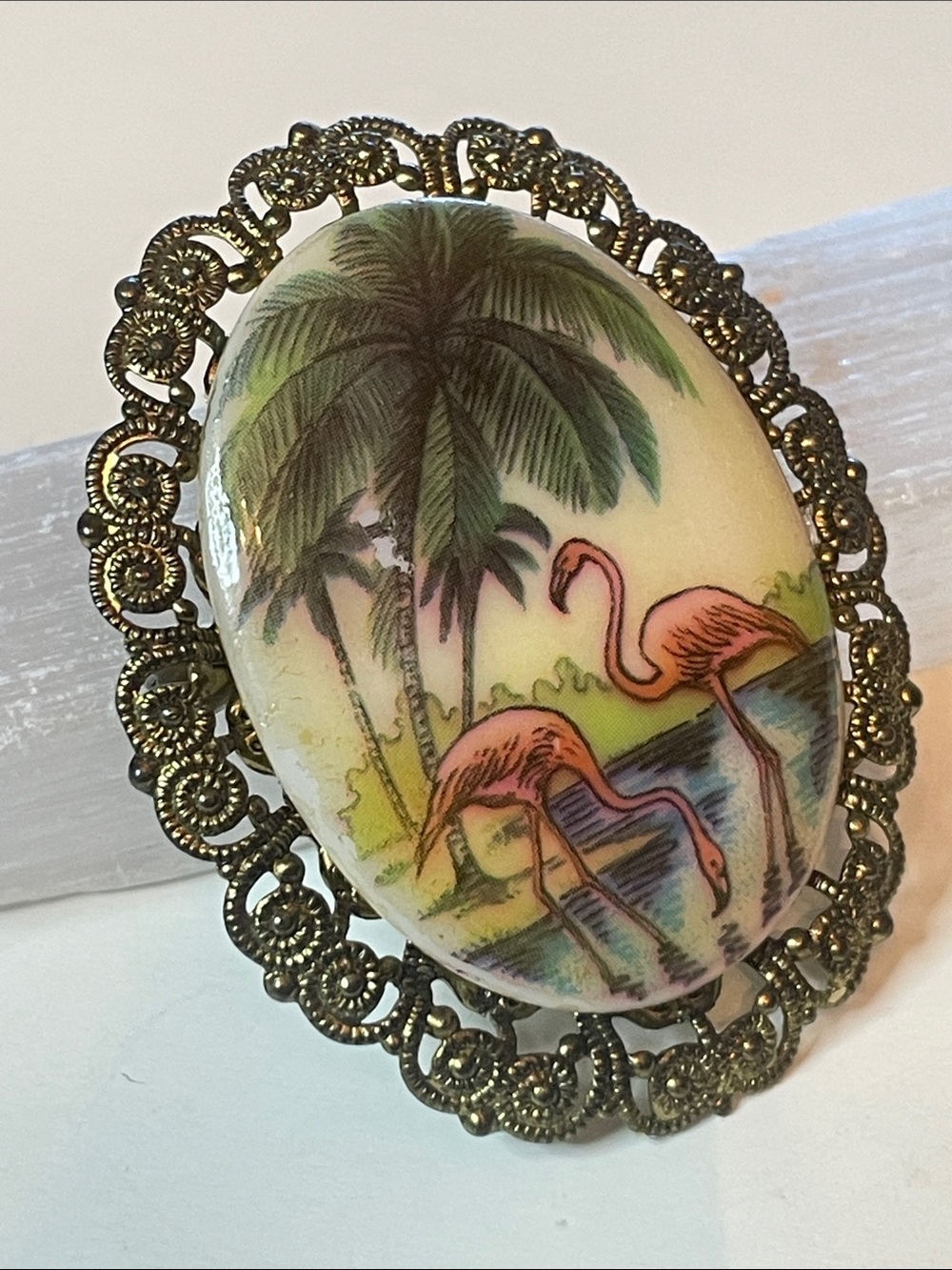 Vintage West Germany Resin Flamingos Cameo Gold Tone Filigree Brooch